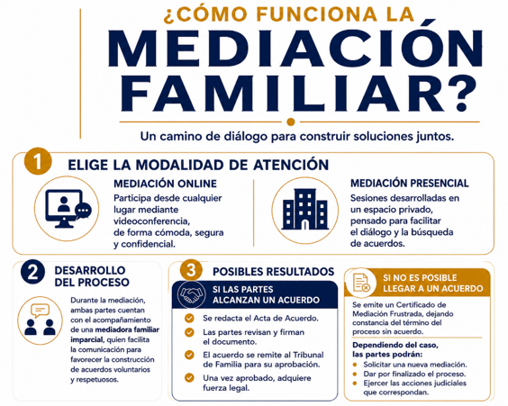 Infografía: ¿Cómo funciona la Mediación Familiar? Elige la modalidad de atención, desarrollo del proceso y posibles resultados.