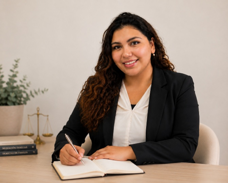 Camila Galleguillos, Trabajadora Social y Mediadora Familiar, trabajando en su escritorio
